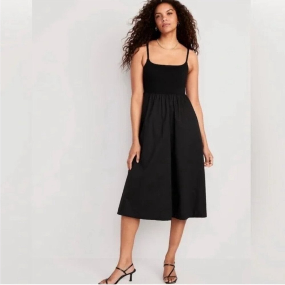 New Old Navy Poplin Cotton Smocked Midi Dress Black M TALL Cottage Prairie - Picture 2 of 8